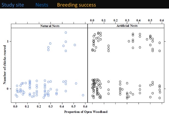 Kate Meares, 6th International Hornbill Conference, slide 13 When one looks at nest site characteristics, specifically natural nests, she found that the amount of open space within 3 km radius to the nest positively influenced breeding success. This since groups condense their home-range during breeding season around the nest. The more open space, the greater their foraging success and hence greater their ability to provision for a growing and continuously hungry chick. This would be a good management tool to increase breeding success for groups using that natural nests. And the same could be done for artificial nest sites too. �