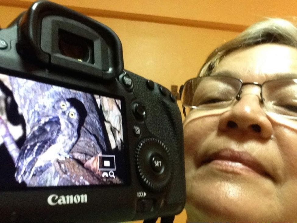 One of the 7 Stooges, Ixi showing off her photo of the Ryukyu Scops Owl. Photo selfie by Ixi Mapua.