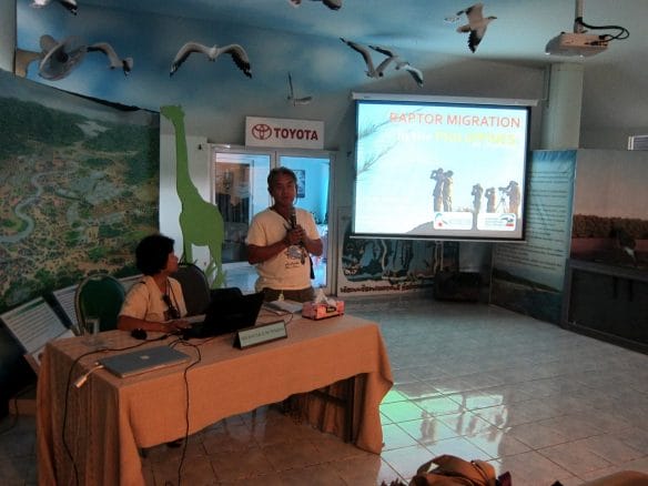Tere (seated) and Alex do a presentation on Raptor Migration in the Philippines. Photo from Tere Cervero