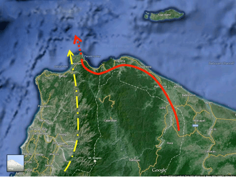 1.Red continuous line shows the path of raptors derived from last year’s wild raptor chase. 2.Broken red line shows suspected land’s end as derived from interviews with resident. 3. Broken yellow line shows another suspected route. 