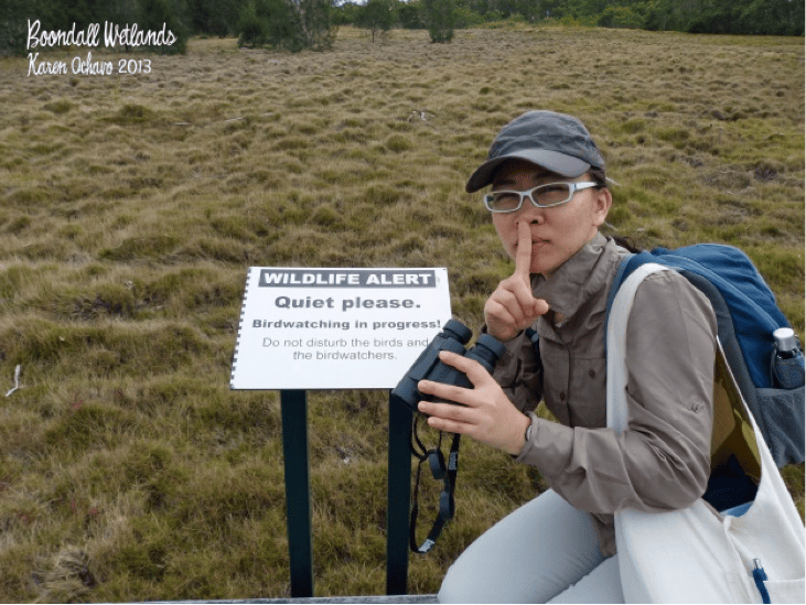 A simple sign at Boondall Wetlands, Brisbane, reminding visitors to keep quiet for the birds and birders.