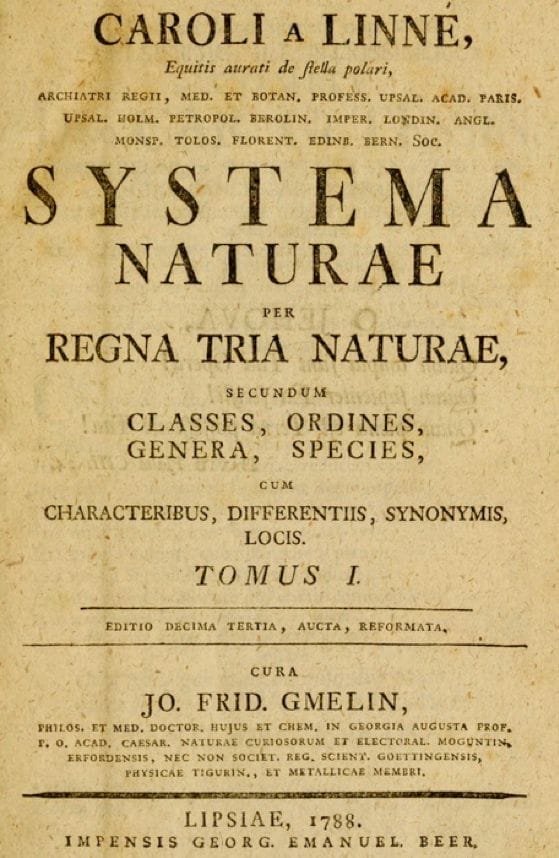 Title page of volume I of Gmelin’s edition of Linnaeus’ Systema Naturae (1788)