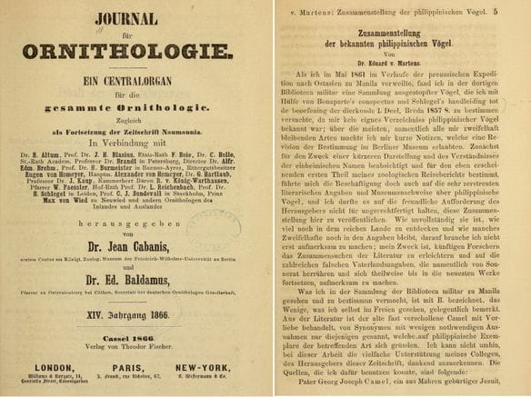 1886 issue of Journal für Ornithologie: (left) title page; (right) first page of Martens’ paper